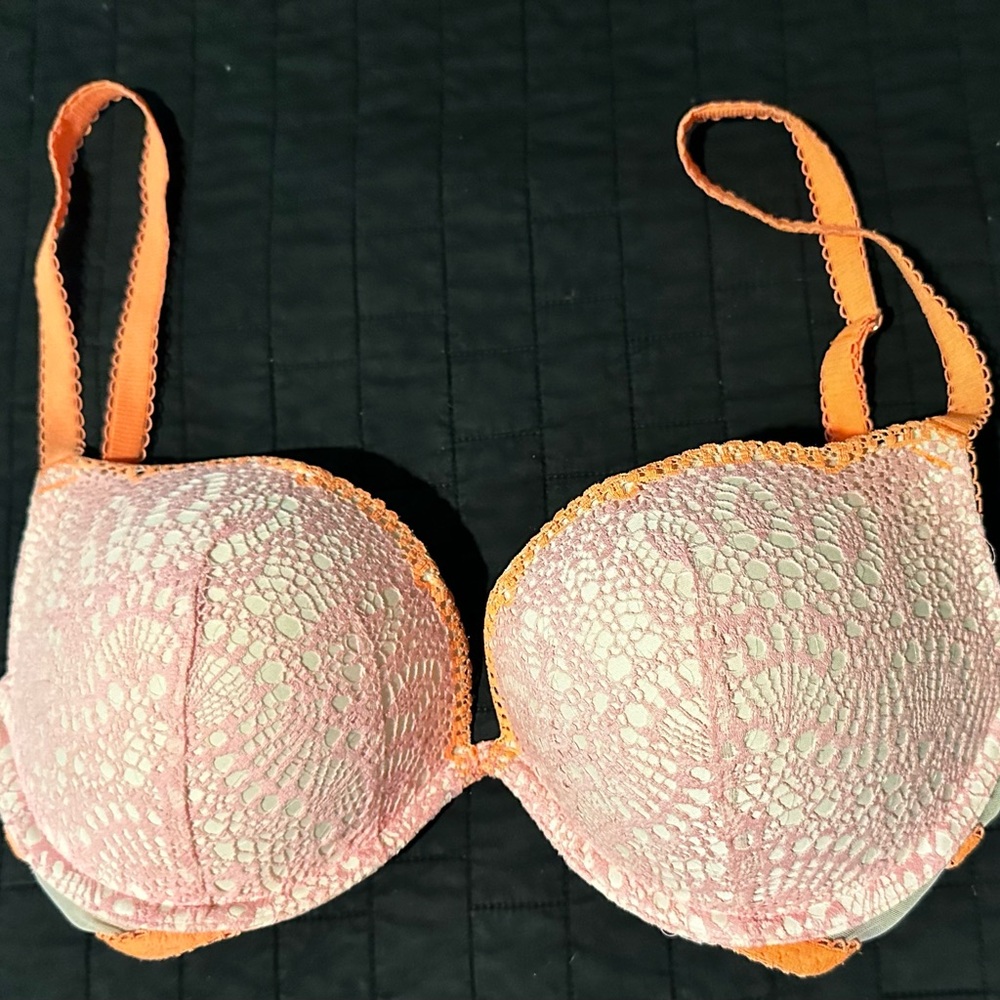 Victoria's Secret Orange & Pink Overlay Lace
Padded Demi Bra Size 34D